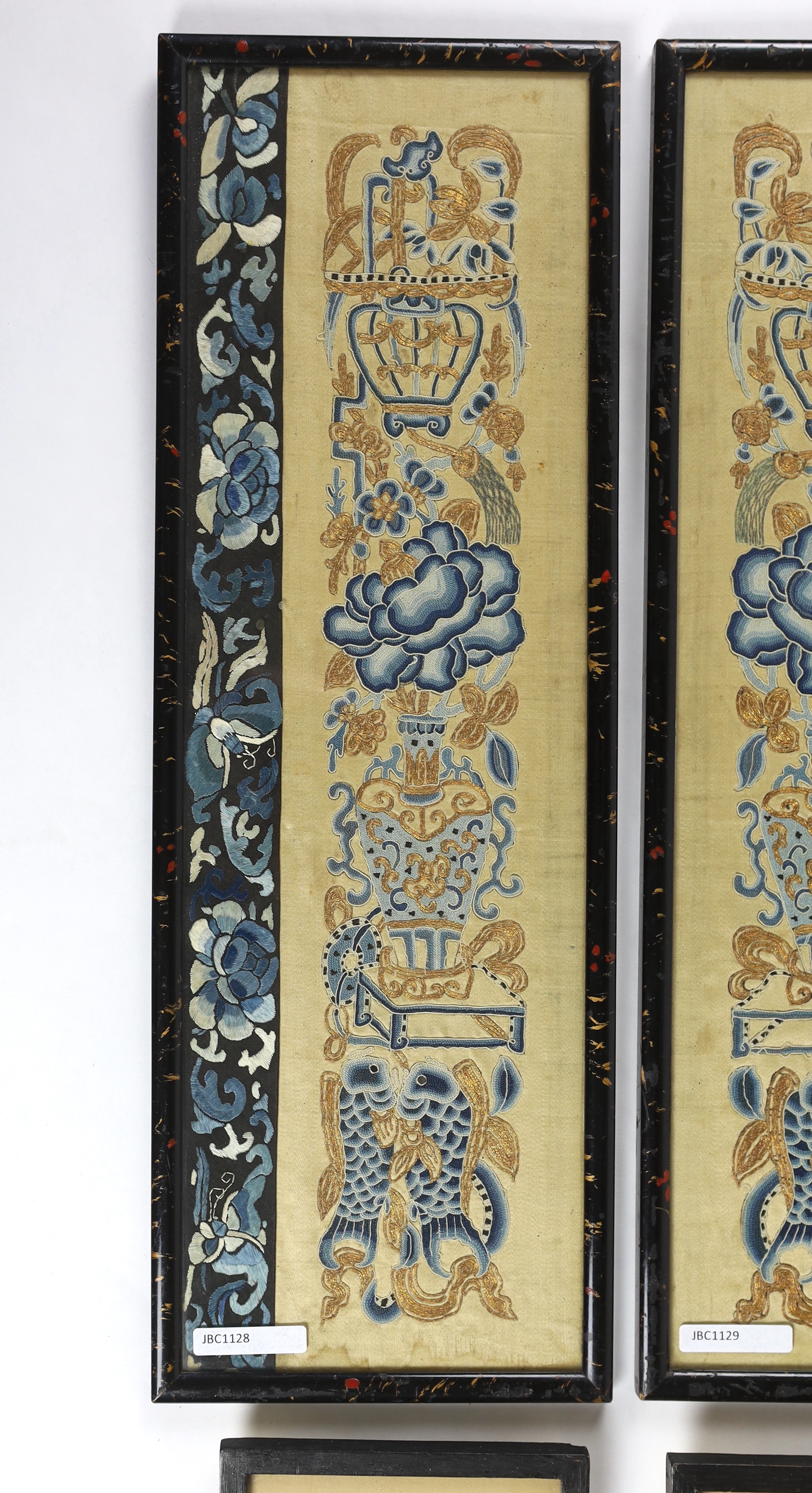 Two pairs of 19th century framed Chinese silk embroidered sleeves bands, one pair embroidered in fine silk petit point on a muslin ground, designed with four roundel scenes on a stylised brick designed background, the ot